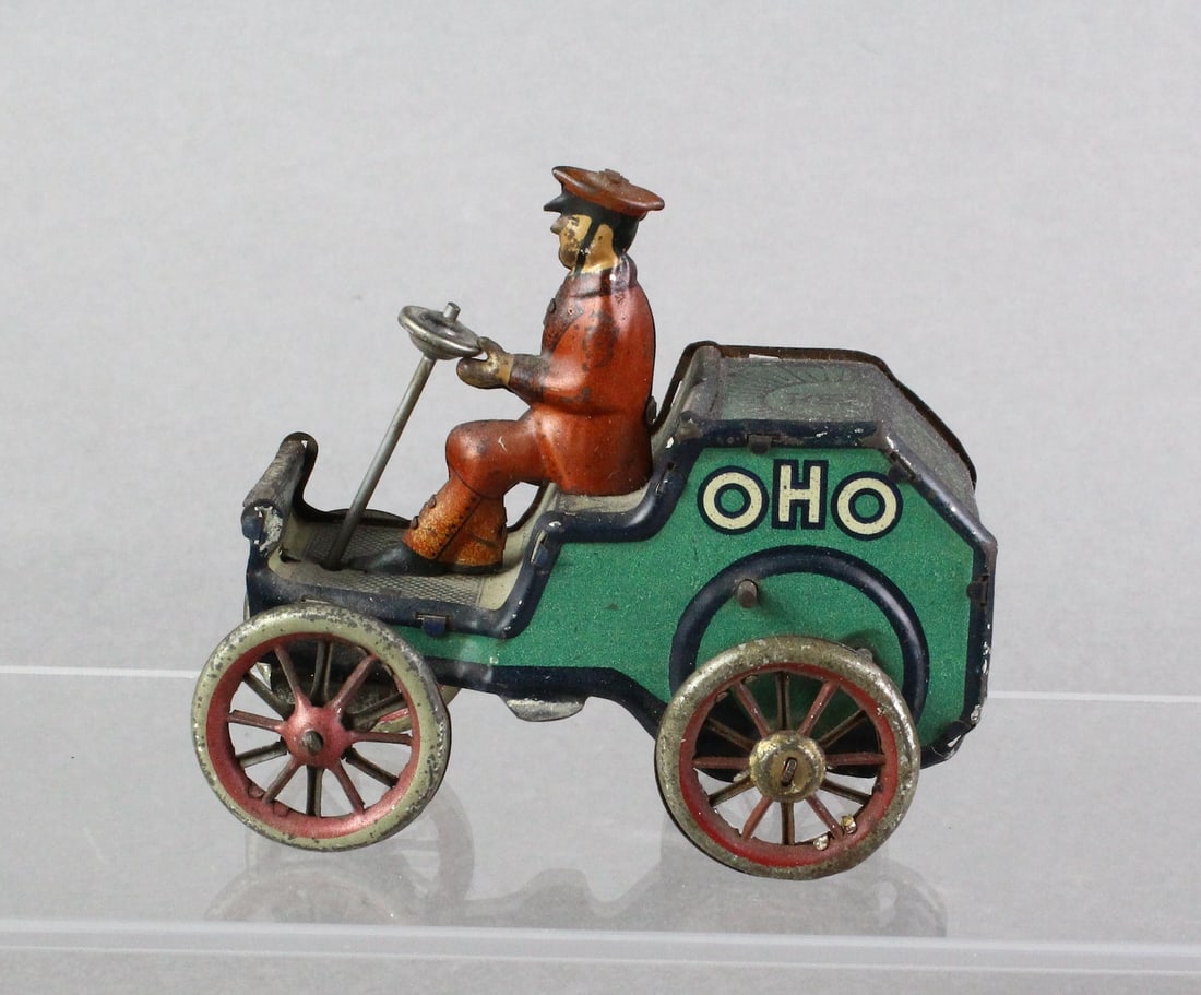Lehmann OHO Early Auto & Driver Wind Up: Lehmann German Tin OHO Early Auto & Driver Wind Up. Working 4 1/4 inches tin car.