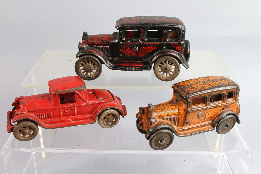Cast Iron Car Lot with Rumble Seat Roadster: A. C. Williams Cast Iron Car Lot with Rumble Seat Roadster, 3, 5, 6", old repaint on sedan.