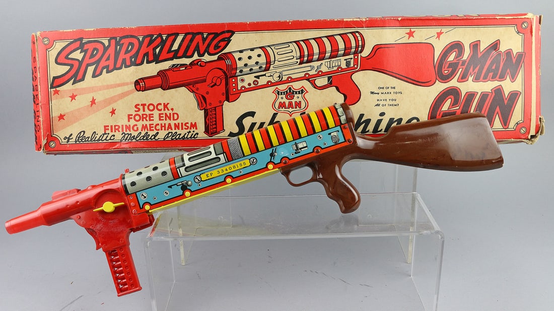 Marx Sparkling G Man Gun In Box: Marx Sparkling G Man Gun In Box, 22", underside crack on gun