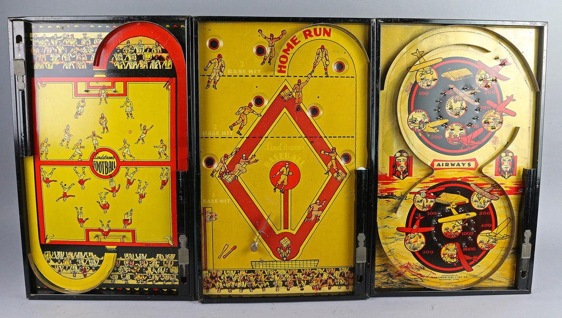 Lindstrum Pin Ball Machine Set In Box: Lindstrum Pin Ball Machine Set In Box, Baseball , Football, Airways,3. Chest Of Games Set