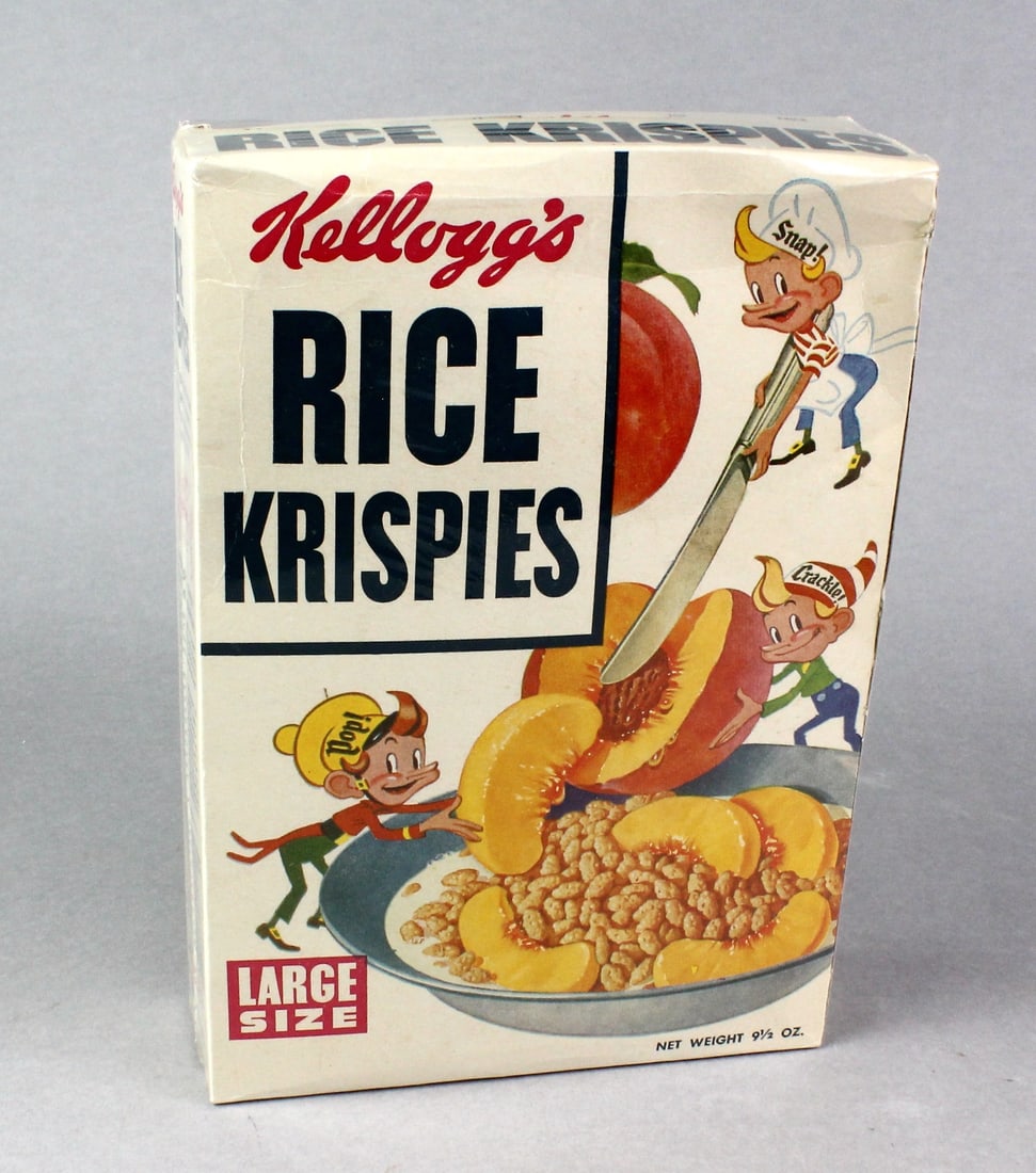 1950s Kellogg's Rice Krispies Cereal Box: 1950s Kellogg's Rice Krispies Cereal Box with iconic Marshmallow Squares Recipe. Beautiful shape, with Snap, Crackle, and Pop on the cover.