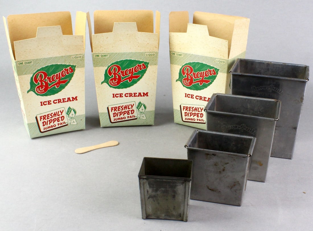 1930s Breyer's Ice Cream Qt. Pails & Shorecraft: 1930s Breyer's Advertising Ice Cream 3 Quart Containers and Shorecraft original stainless steel ice Cream measuring pails for quart, pint, etc.