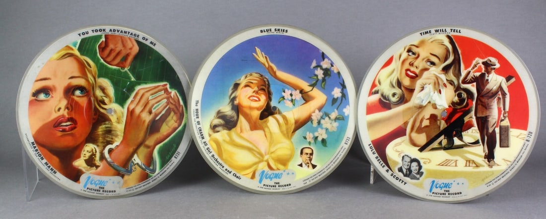1940s Vogue Picture Records Racy Women: 1940s Vogue Picture Records- "You took advantage of me" - Girl in Handcuffs... Hart & Rodgers. Blue Skies by Irving Berlin. Time Will Tell by Scott Wiseman. Produced by Sav-Way Industries of Detroit,