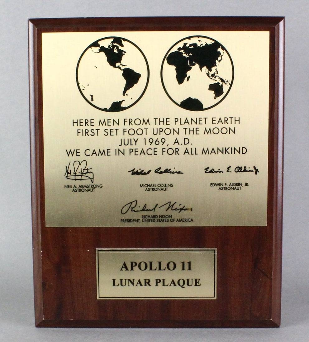 1969 Apollo 11 Lunar Plaque, Neil Armstrong, Nixon: Apollo 11 Lunar Plaque with Astronauts- Neil Armstrong, Buzz Aldrin, & Michael Collins facsimile signatures along with Richard Nixon. Brass etched and mounted on wood to commemorate the 1969 NASA Moon