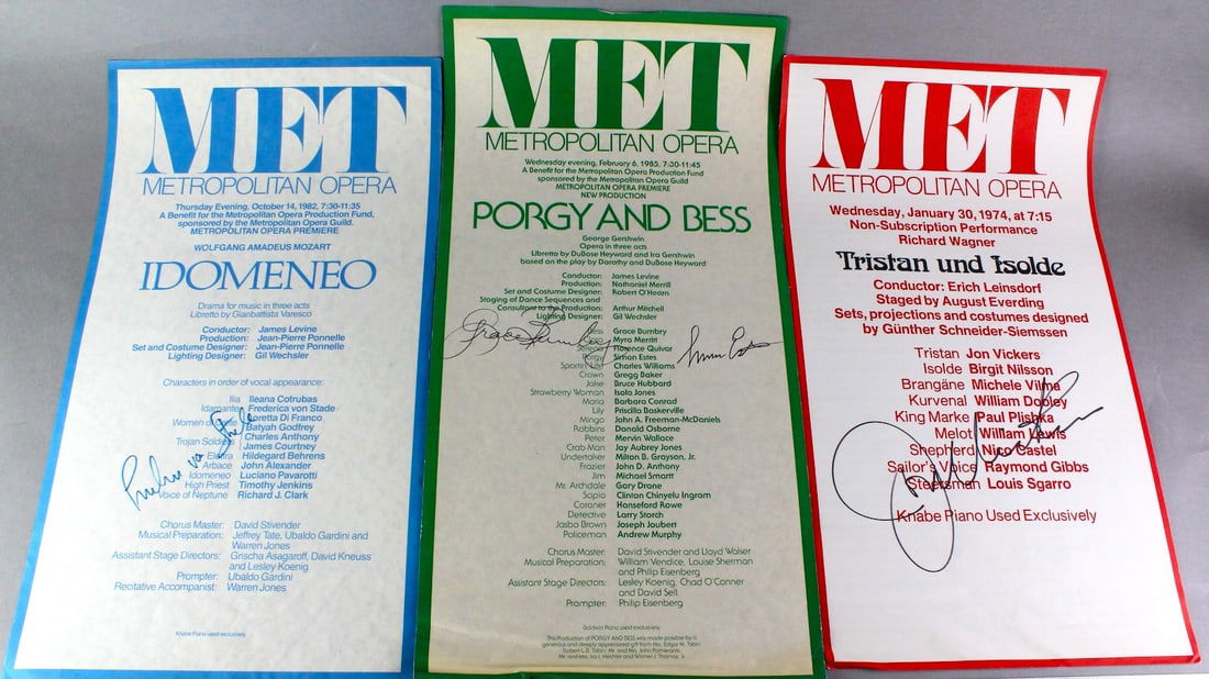 Metropolitan Opera Signed Playbill Posters Jon Vickers & Many More: New York Metropolitan Opera Signed Posters. Signed by Jon Vickers, Frederica von Stade, Grace Bumbry, Simon Estes, Nicolai Gedda, Christa Ludwig, Jon Vickers, Hilda Harris, Catherine Malftano, Gary Ch
