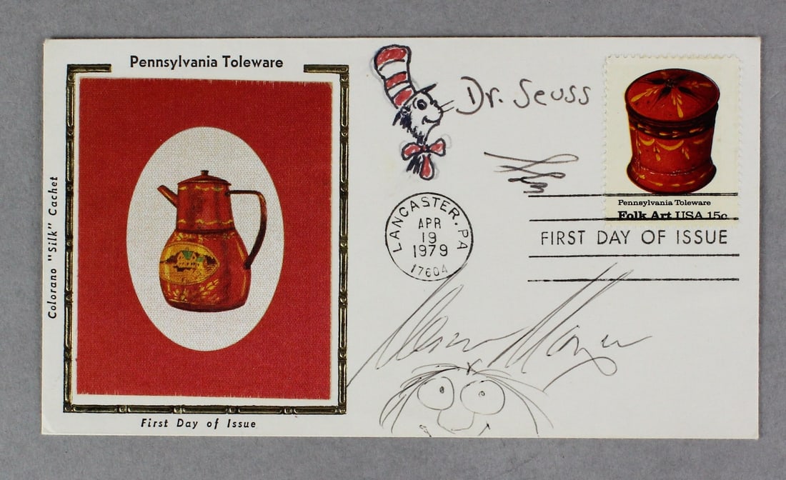 Signed Dr Seuss Cat in the Hat Drawing: Signed Dr Seuss Cat in the Hat Drawing. Cartoonist drawing signed by Theodore ''Dr. Seuss'' Geisel (American, 1904-1991). Additional cartoonist signature on bottom.