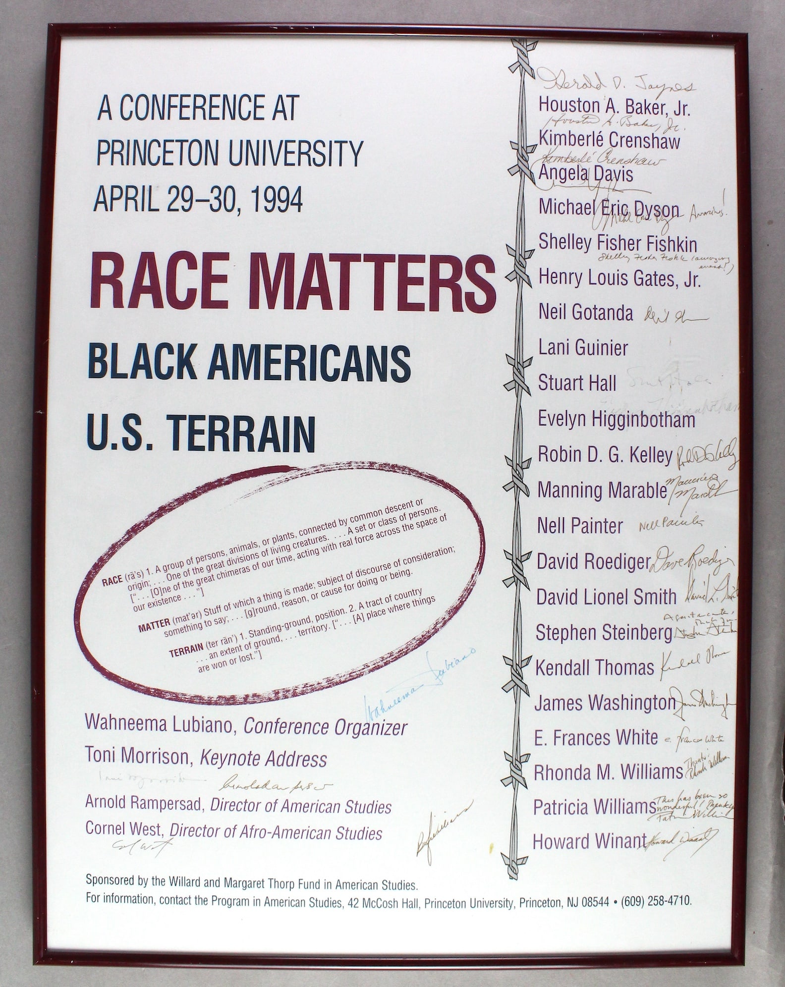 Princeton Signed Race Matters Poster Black America: Princeton Race Matters Poster from 1994 conference signed by speakers at the conference: Toni Morrison, Cornel West, Gerald D. Jaynes Houston A. Baker Jr., Angela Davis, Neil Gotanda, Stuart Hall, and