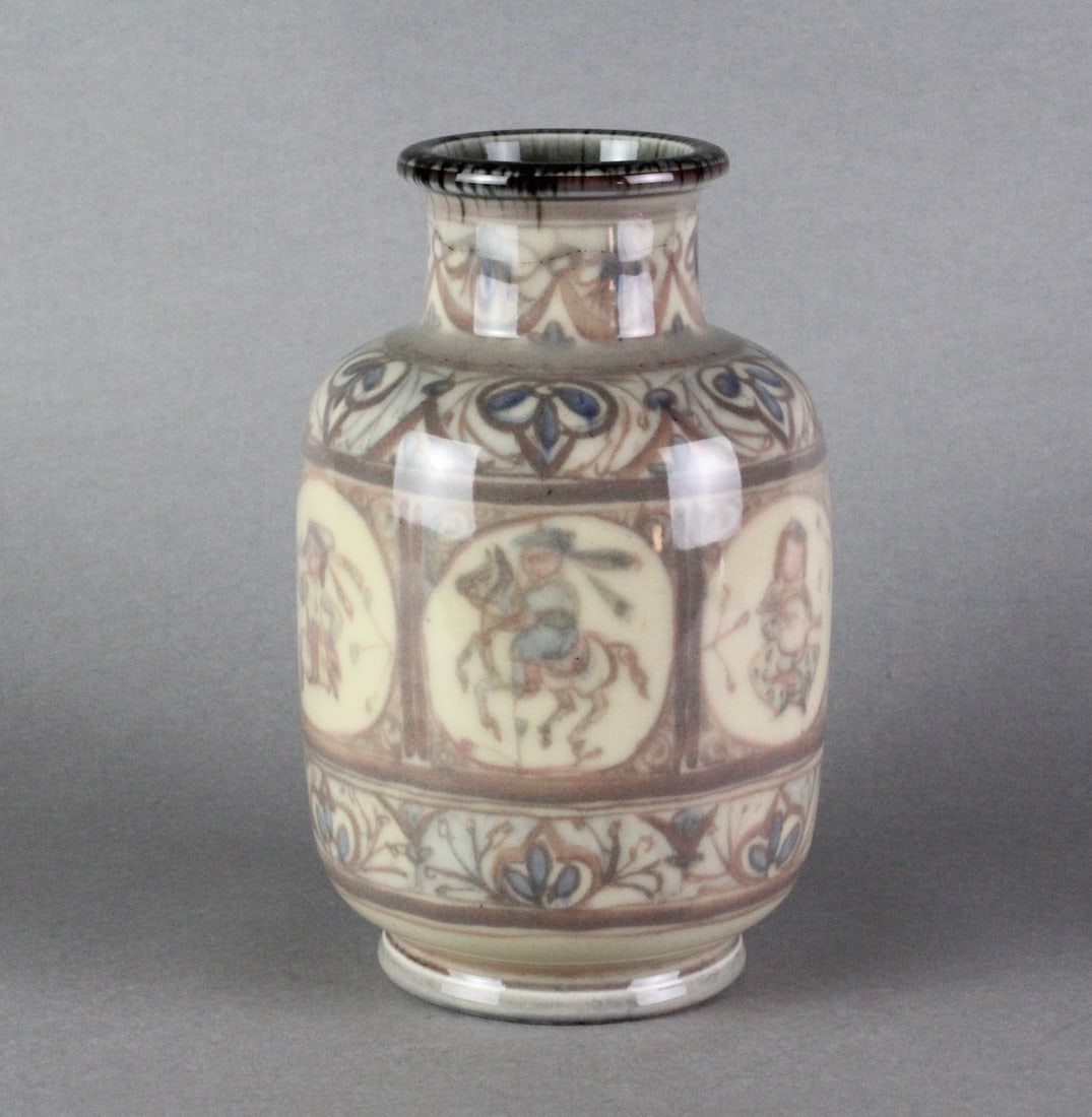 Rookwood Artist Signed High Gloss Vase: Rookwood Artist Signed High Gloss Vase. Complex images of children on horseback and playing lutes, 7 inches tall.