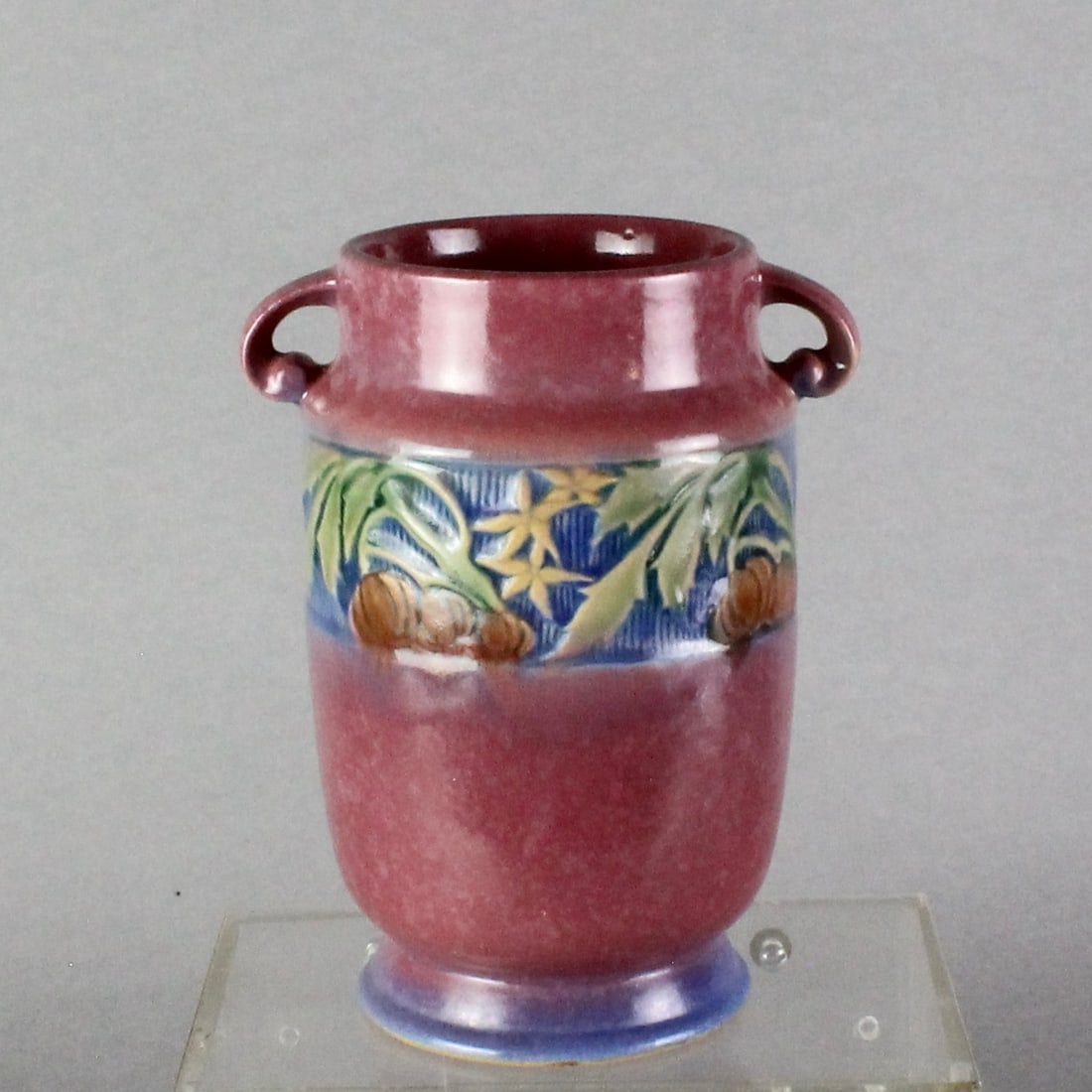 Roseville Art Pottery Baneda Vase: Roseville Baneda Vase. Shape 592, in deep pink to blue, 7 inches