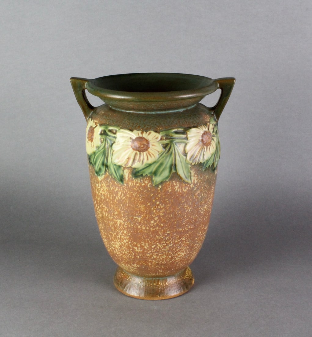 Roseville Pottery Dahlrose Handled Vase: Roseville Dahlrose Handled Vase. Strong color, 12 inches tall.