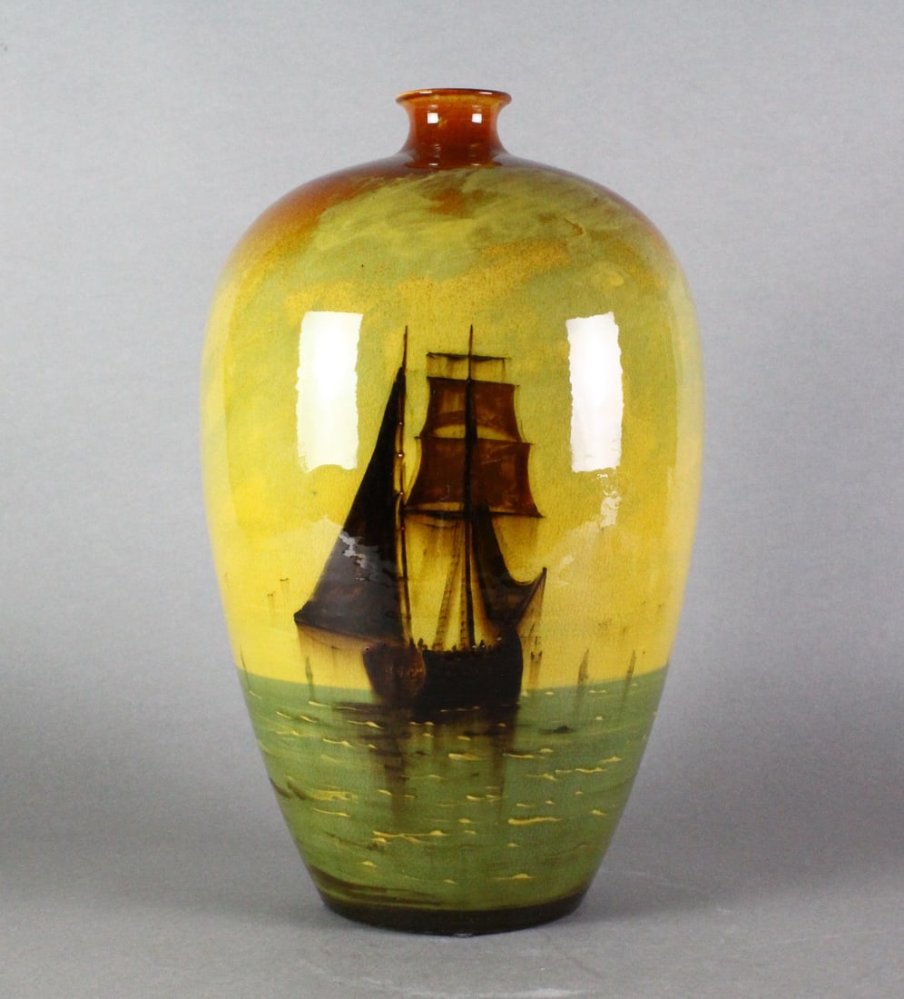 Wardle Art Pottery Ship Vase Hand Painted: 1890s Wardle England Art Pottery Ship Vase Hand Painted. 14 1/2 inches tall.