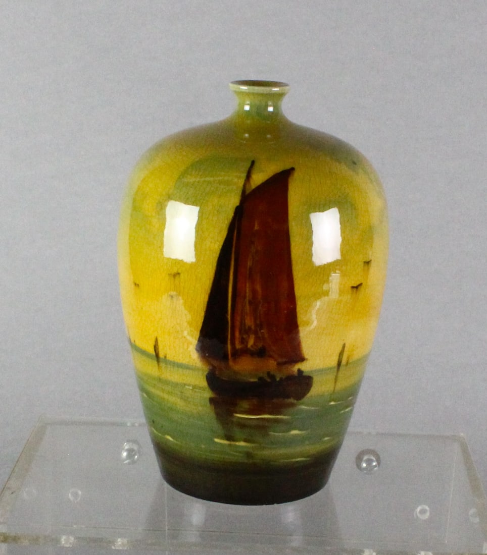 Wardle England Art Pottery Ship Cabinet Vase: c. 1890s Wardle England Art Pottery Ship Vase Hand Painted. 6 inches tall.