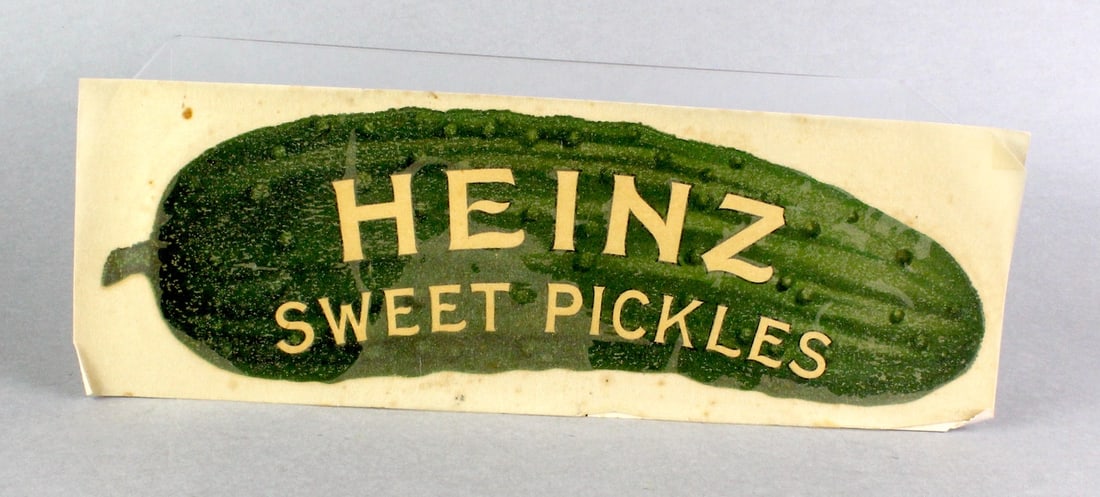 1900s General Store Heinz Pickle Window Ad Decal: 1900s General Store Heinz Pickle Window Ad Decal. Original unused advert for stores to apply to the inside of the window to show outside. Excellent original condition, 12.5 inches long.
