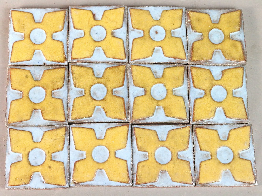 Grueby 3x3 Mustard on Blue Tile Lot: Grueby 3x3 Mustard on Blue Tile Lot, 12