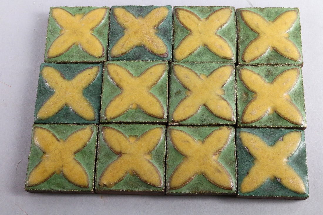 Grueby 2x2 Mustard Grueby Green Tle Lot: Grueby 2x2 Mustard Grueby Green Tle Lot, 12