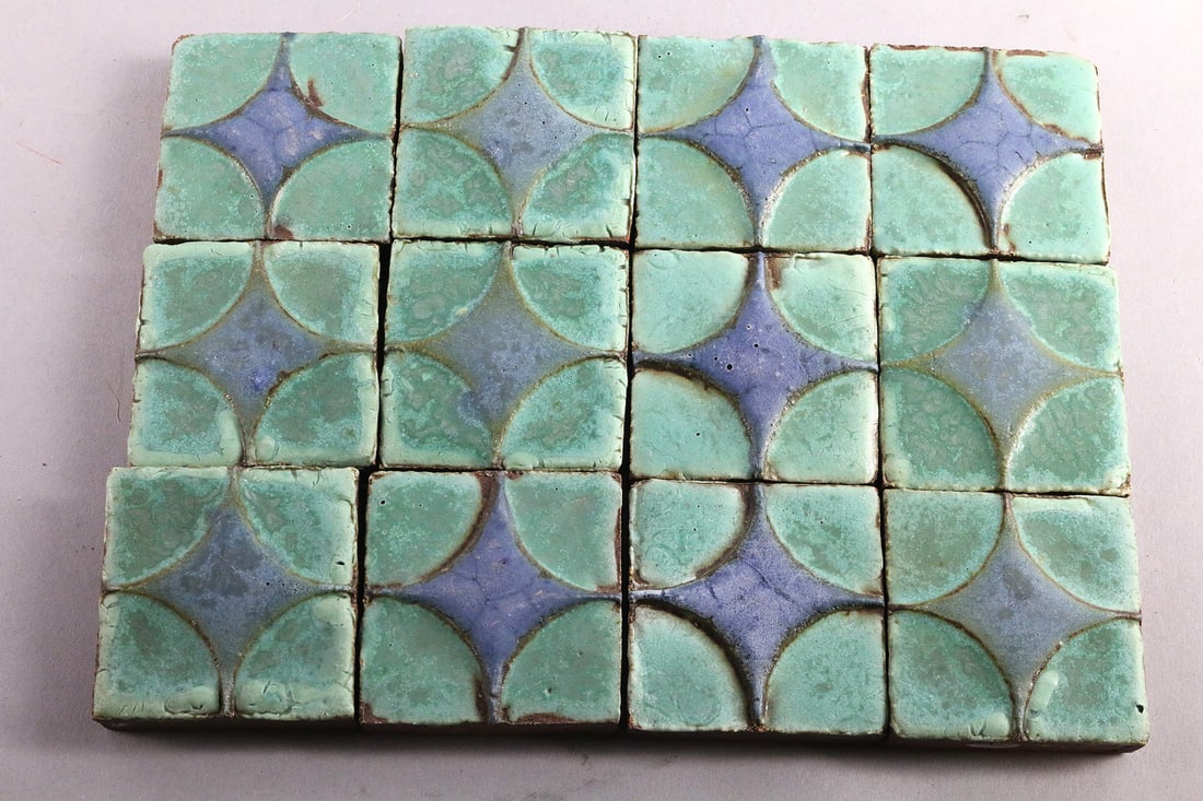 Grueby 2x2 Blue on Grueby Green Tle Lot: Grueby 2x2 Blue on Grueby Green Tle Lot, 12