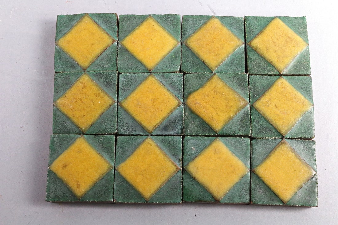 Grueby 2x2 Mustard Grueby Green Tile Lot: Grueby 2x2 Mustard Grueby Green Tile Lot, 12