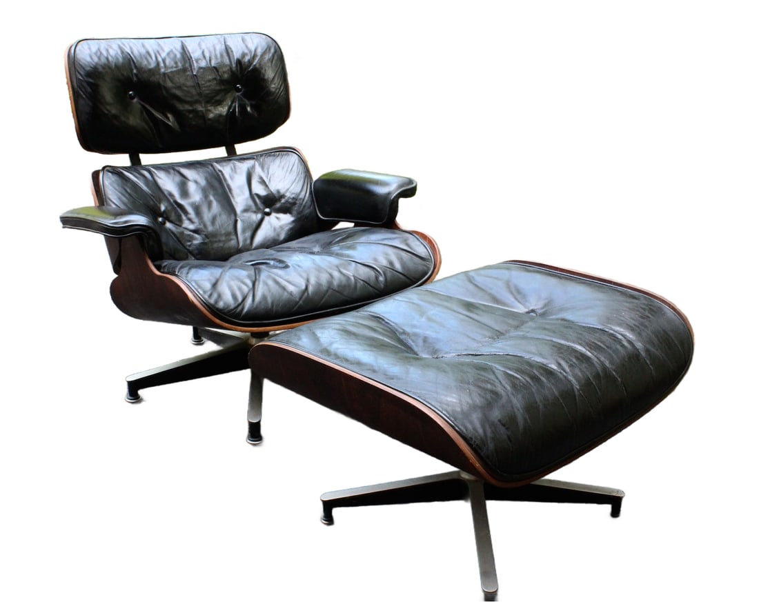 Herman Miller Eames Chair and Ottoman Original: Original c.1964 Herman Miller Eames Chair and Ottoman. Original finish and leather upholstery. Bent Rosewood frame & black leather cushions. Chair measures approx. - 30 3/4" high x 33" wide x 36" deep