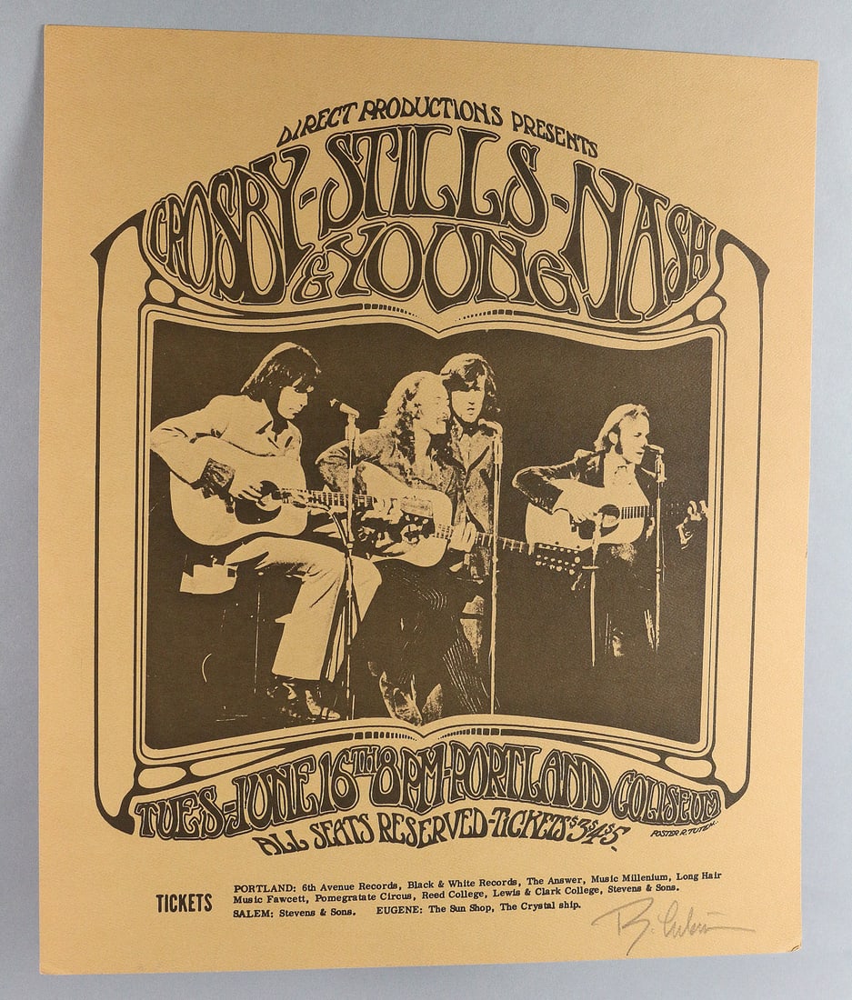 CSNY Portland Coliseum Poster Randy Tuten Signed: CSNY Portland Coliseum Poster Randy Tuten Signed, 14 x 16 12/16, EX-, small corner crease, 1st Print