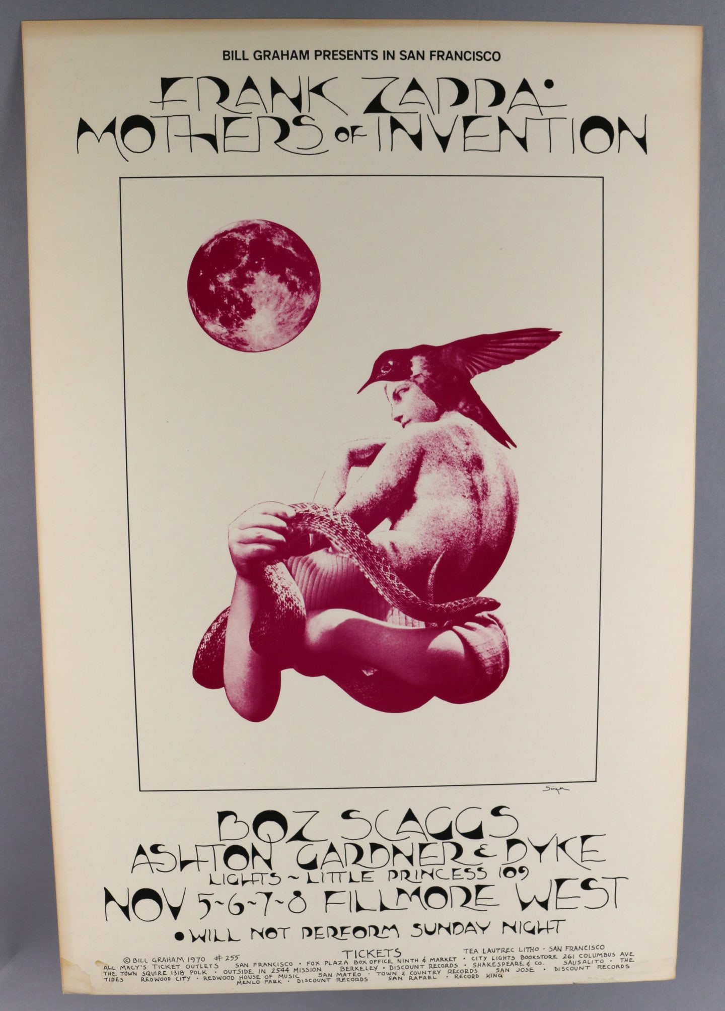 Frank Zappa Mothers BG255 1st Print Poster: Frank Zappa Mothers BG255 1st Print Poster, 21x 14, left/ rt lower corner creases, water mark, ,VG+