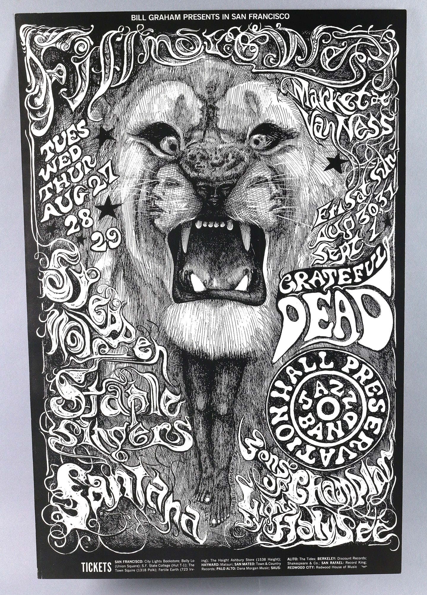 Santana Grateful Dead Lion BG132 Poster: Santana Grateful Dead Lion BG132 Poster, 2nd Print, EX- 21 15/16 x 14 1/16, rare