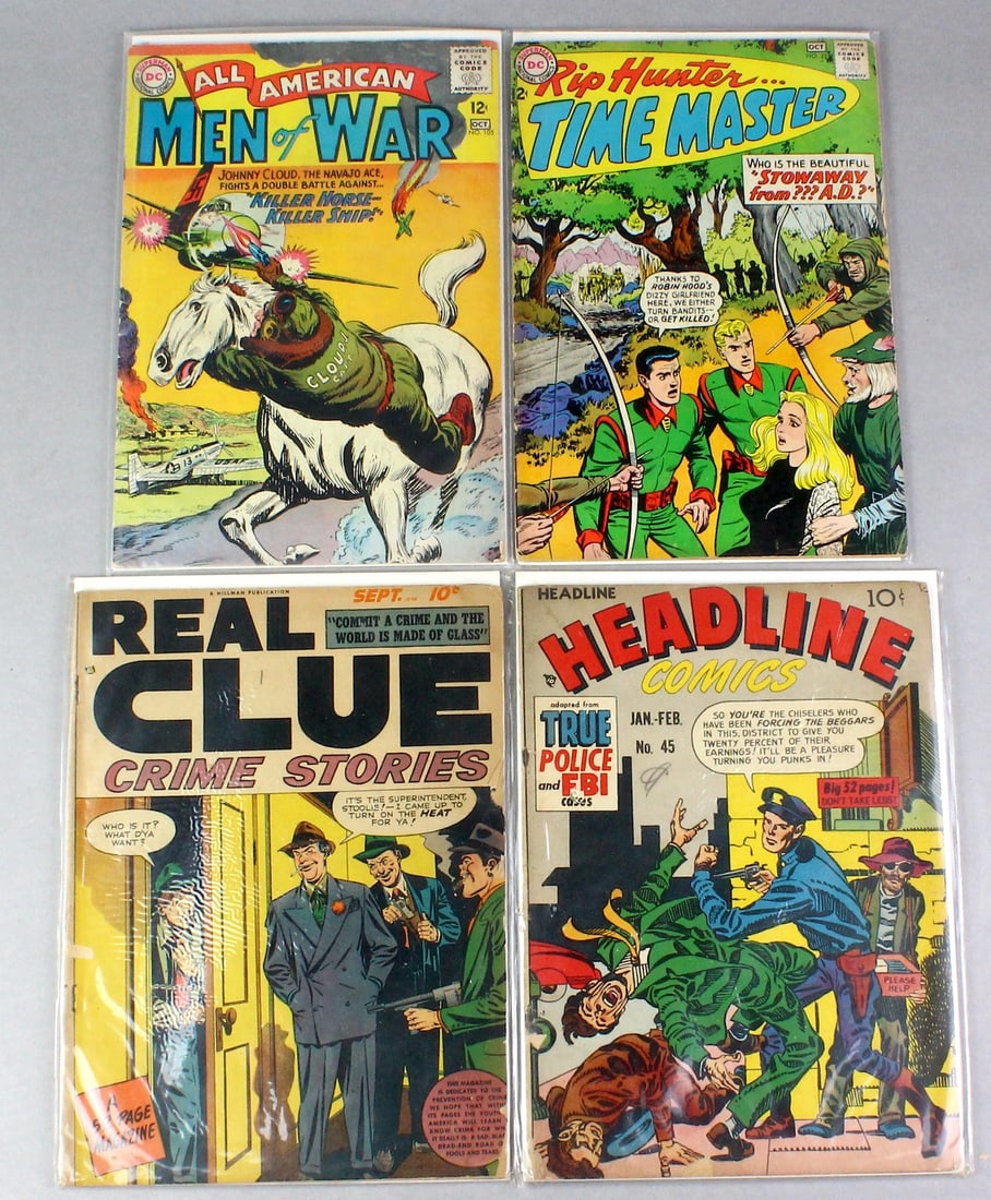 Real Clue, Headline, Time Master, Men of War Comic: Real Clue Crime Stories #7 Vol. 3 (1948), Headline Comics #45 - 1951, Rip Hunter Time Master #22 Vol 1, October, 1964, American Men of War #105, Oct 1964. All bagged and boarded.