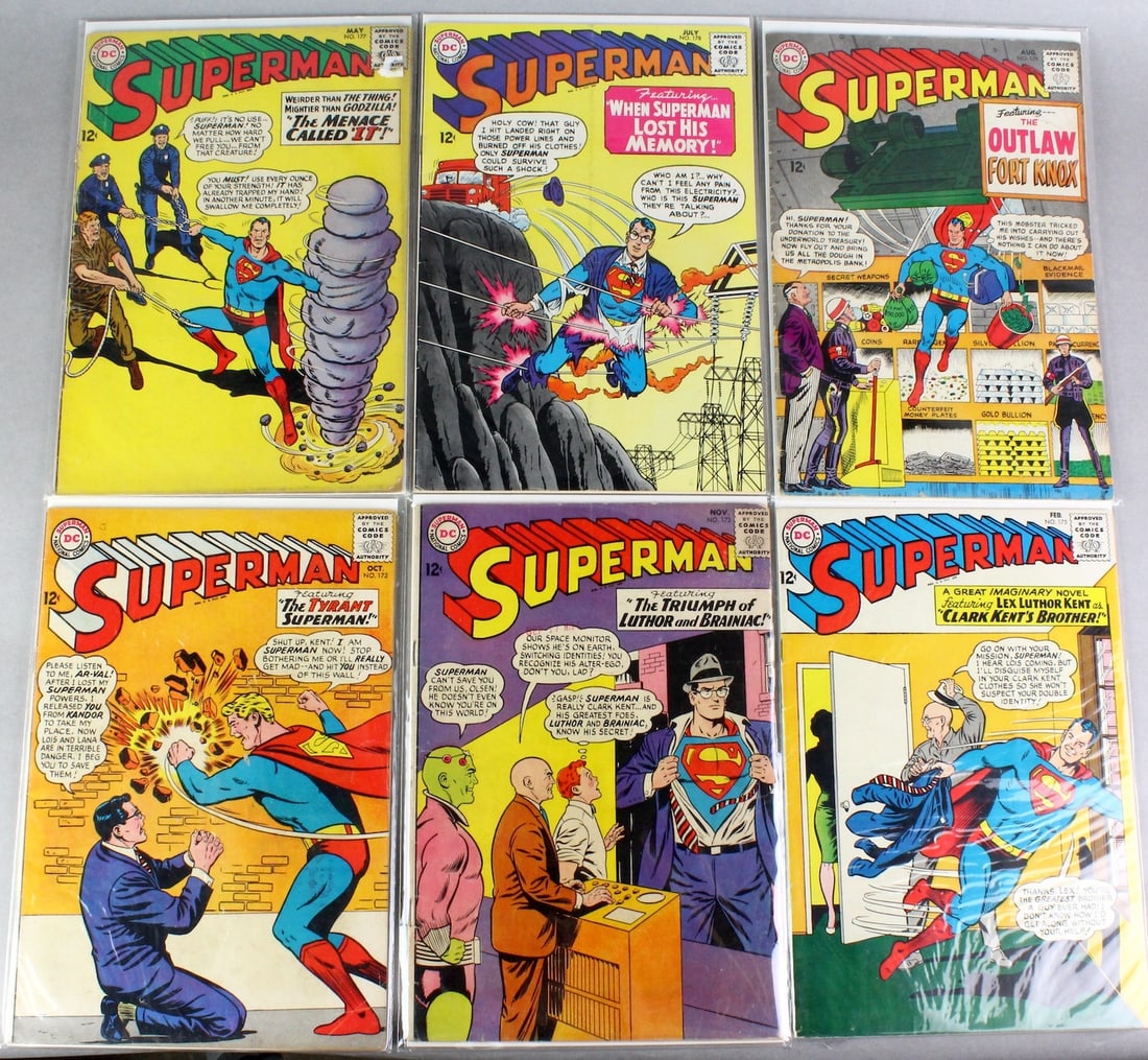 1964 DC Comics, Superman 12 Cent Bagged & Boarded: Six DC Comics, Superman No. 172, 173, 175, 177, 178, 179, Bagged and Boarded 1964.