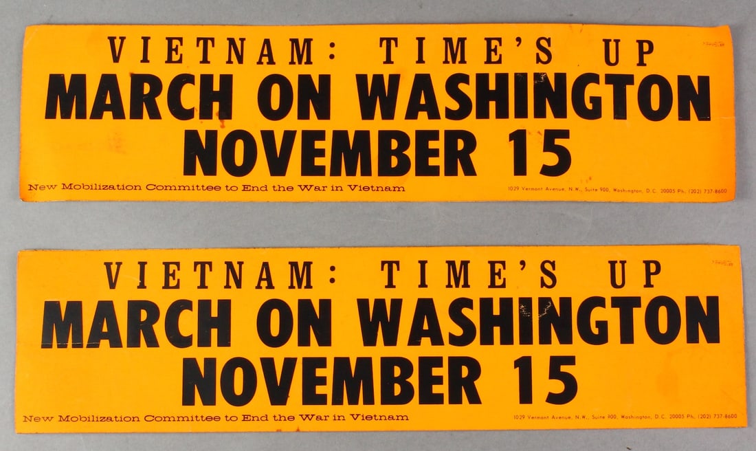1969 March On Washington Orig. Poster/Bumper Stick: Vietnam Moratorium march on Washington, November 15, 1969. Original Post Bills Bumper stickers to March against the Vietnam War. Approx.16 inches wide.