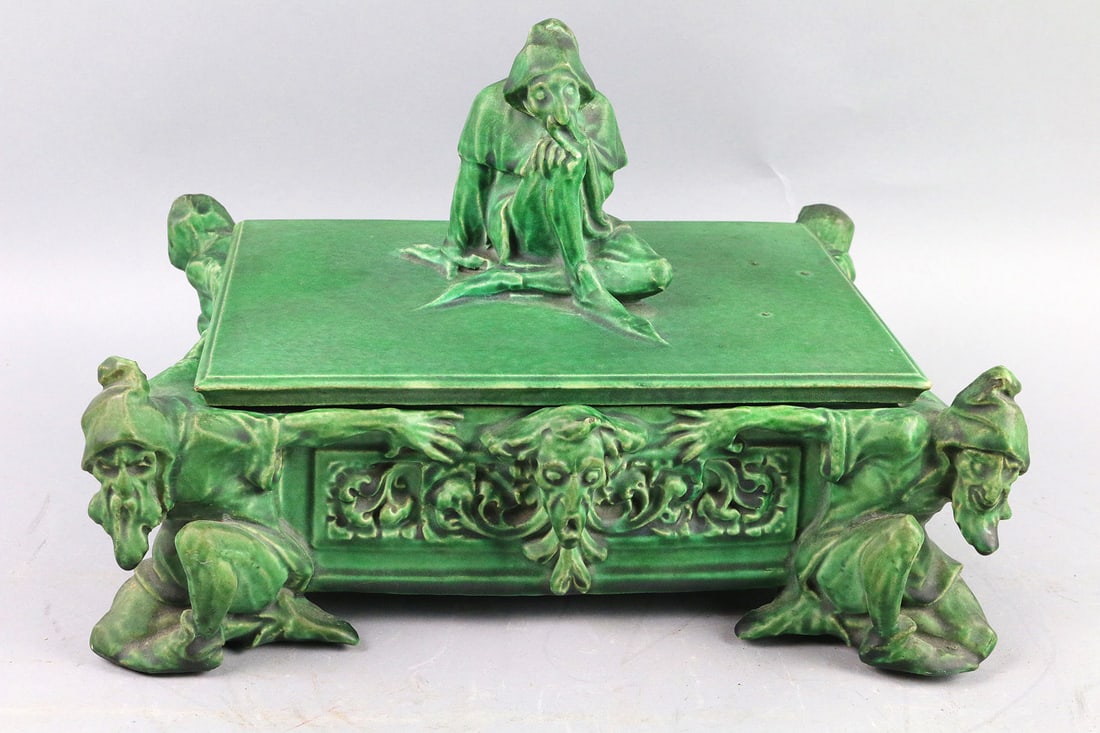 Atlantic Terracotta Co Arts and Crafts Pottery Covered Box: Important Covered pottery box circa early 1900's, manufactured by Atlantic Terracotta Co renowned for their architectural Terra Cotta Facades on the Phila Museum of Art and The US Supreme Court. Measu