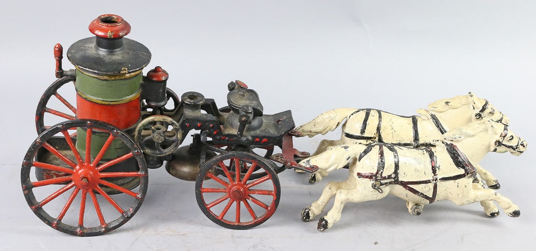 1890's Cast Iron Horse Drawn Fire Pumper: 1890's Cast Iron Horse Drawn Fire Pumper, 17", paint touch up and re paint, bronze bell, early