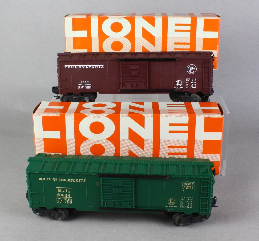 Lionel Box Cars Mint in Box 6464-200 6464-75: Lionel Box Cars Mint in Box Pennsylvania Box Car 6464-200 and Rock Island Box Car 6464-75. Never run, made in Hillside, NJ.