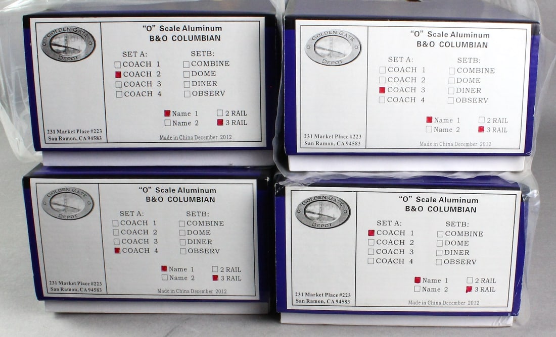 Golden Gate Depot Aluminum B&O Coach Set MIB: Golden Gate Depot Aluminum B&O Coach Set MIB. Set of 4 Coaches in original boxes and shipping box. Appear never run.
