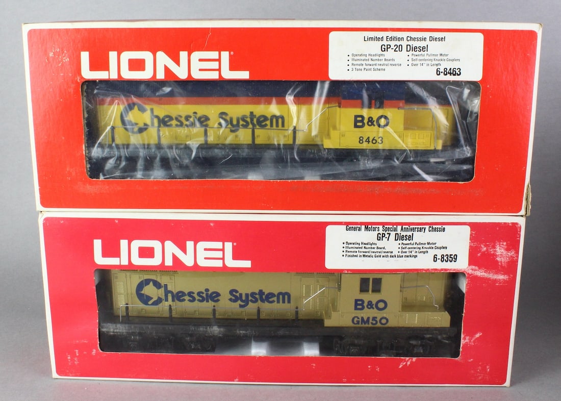 Lionel GP-20 & GP-7 Chessie Diesel In Box: Lionel GP-20 & GP-7 Chessie Diesel In Box. Both appear near mint to mint in box.