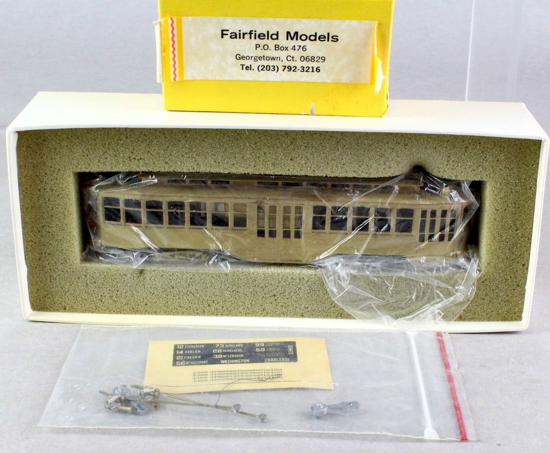 Fairfield Models Brass Trolley Mint in Box HO: Fairfield Models Brass Trolley Mint in Box. According to the Fairfield Traction Models book, pg 8, only 200 of these were made. Comes with the plastic bag of parts. Never run, beautiful example.