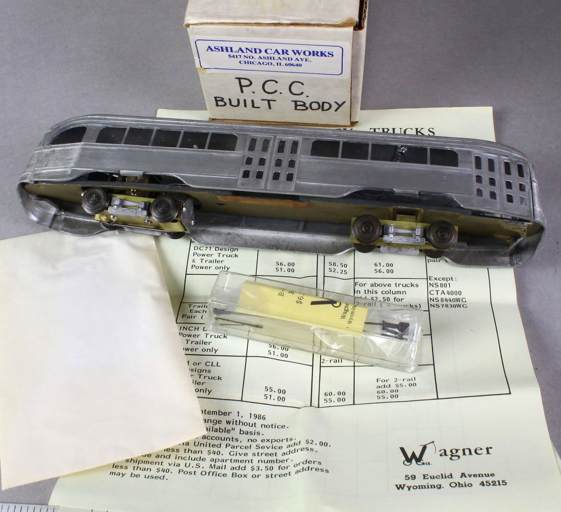 Ashland Car Works Chicago Brass Metal Trolley& Box: Ashland Car Works Chicago Brass Metal P.C.C. Trolley& Box and instructions marked Wagner & Co.. 11 1/2 inches