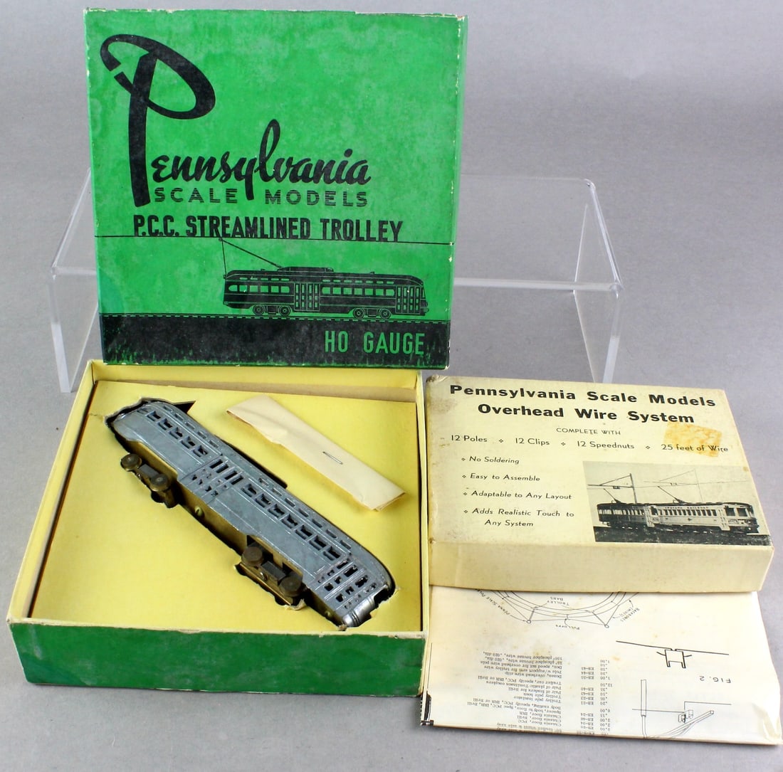 Pennsylvania HO Scale Model PCC Trolley& Box &: Pennsylvania HO Scale Model PCC Trolley in Mint in Box & Pennsylvania Scale Models Overhead Wire System with poles, clips, speed nuts, wire in original box. Never used.