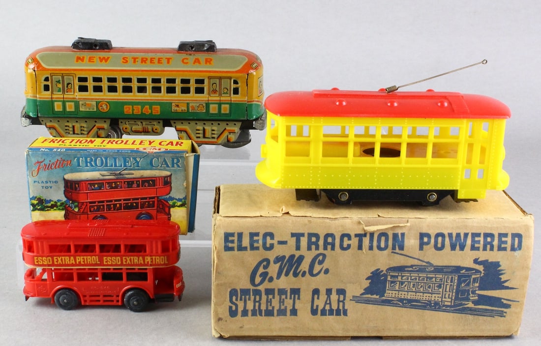 Japan Tin, GMC Powered, Friction Trolley In Box: Japan Tin Litho Street Car, GMC ELEC-TRACTION Powered Trolley in Box, Scarce Friction Trolley In Box Hong Kong.