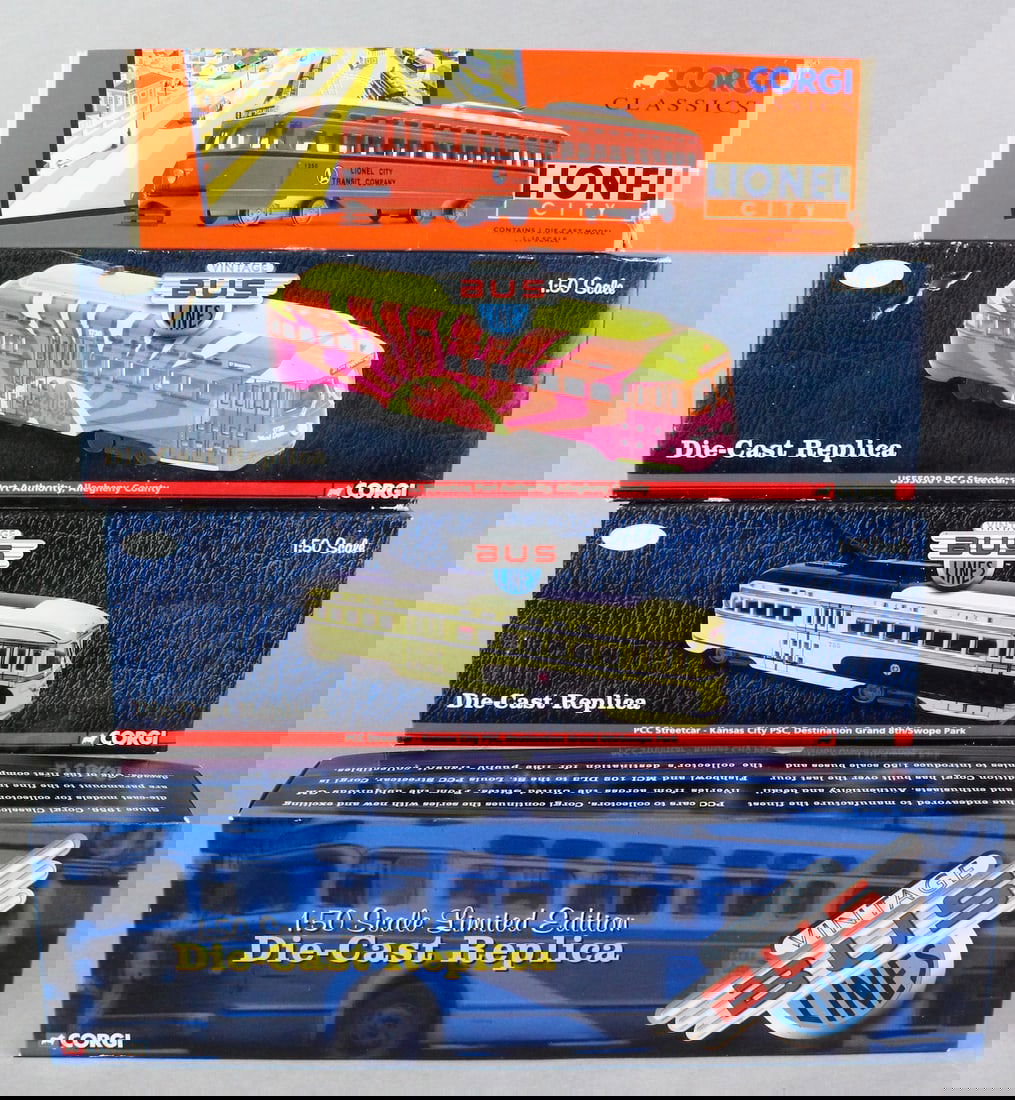 4 Corgi Classics 1:50 Vintage Bus Lines Mint & Box: 4 Corgi Classics 1:50 Vintage Bus Lines Mint in Box. Includes Hippe style PCC Streetcar, Kansas City Streetcar, Lionel City Transit line.