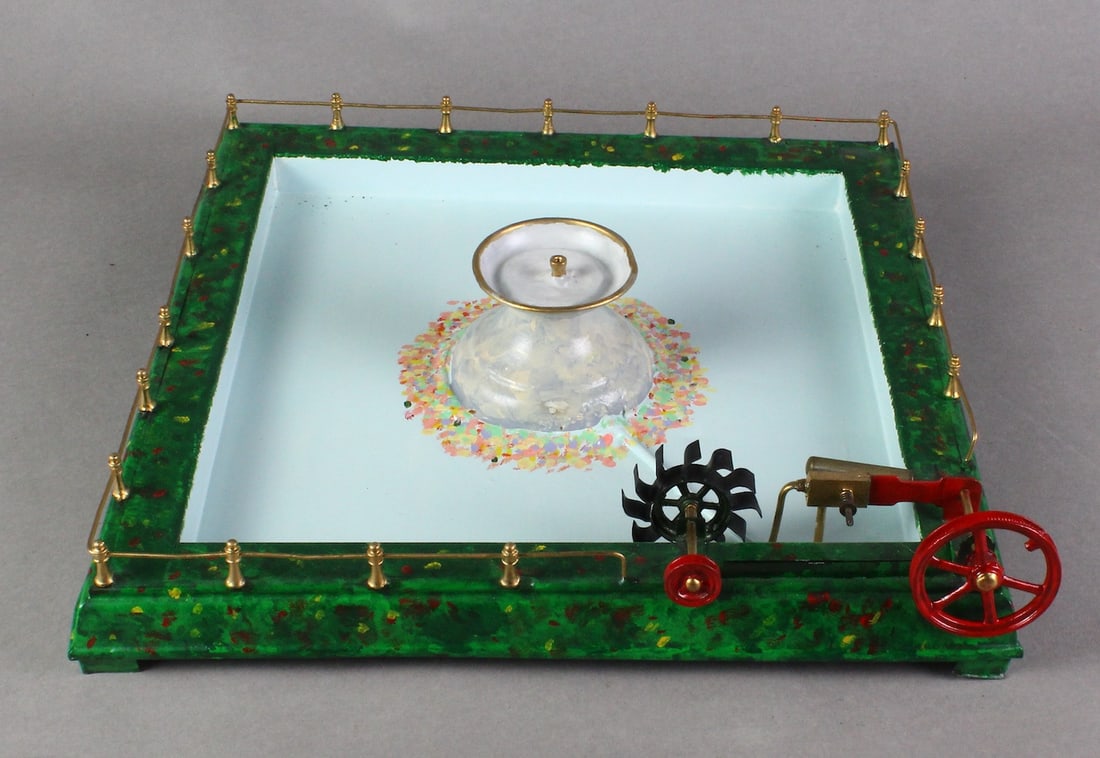 Bing German Tin Town Square Fountain: Bing German Tin Town Square Fountain. Steam toy water pump action, repainted, 13 inches wide.