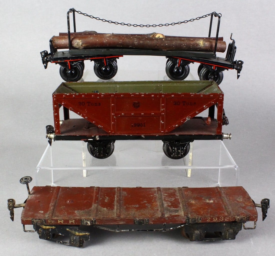 Marklin 1 G Rolling Stock Tin Cars: Marklin 1 G Rolling Stock Tin Cars. 1995120 Tons Freight, PRR 2932 Flat Car, Log Carrier.