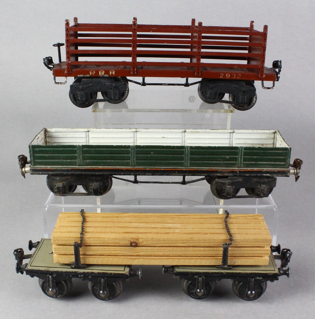 Marklin 1 Gauge #2932 PRR, Stake, Wood Flat Car: Marklin 1 Gauge #2932 PRR Open-Slat Truck, Stake Car, Wood open flat car.