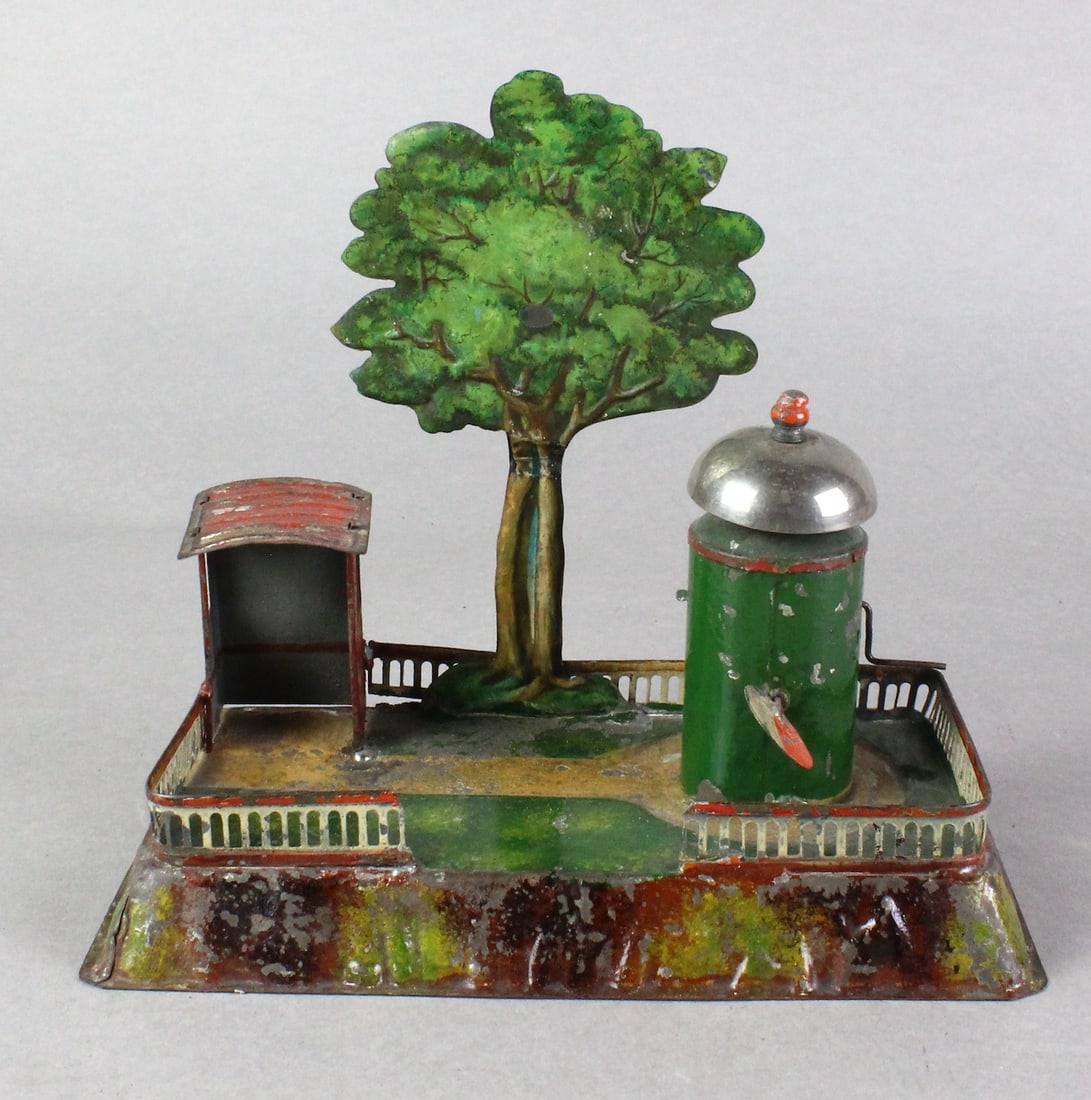 Bing German Tin RR Rural Bell Station: Bing German Tin RR Rural Bell Station. Pre-War hand painted tin station with bell ringer and tree.