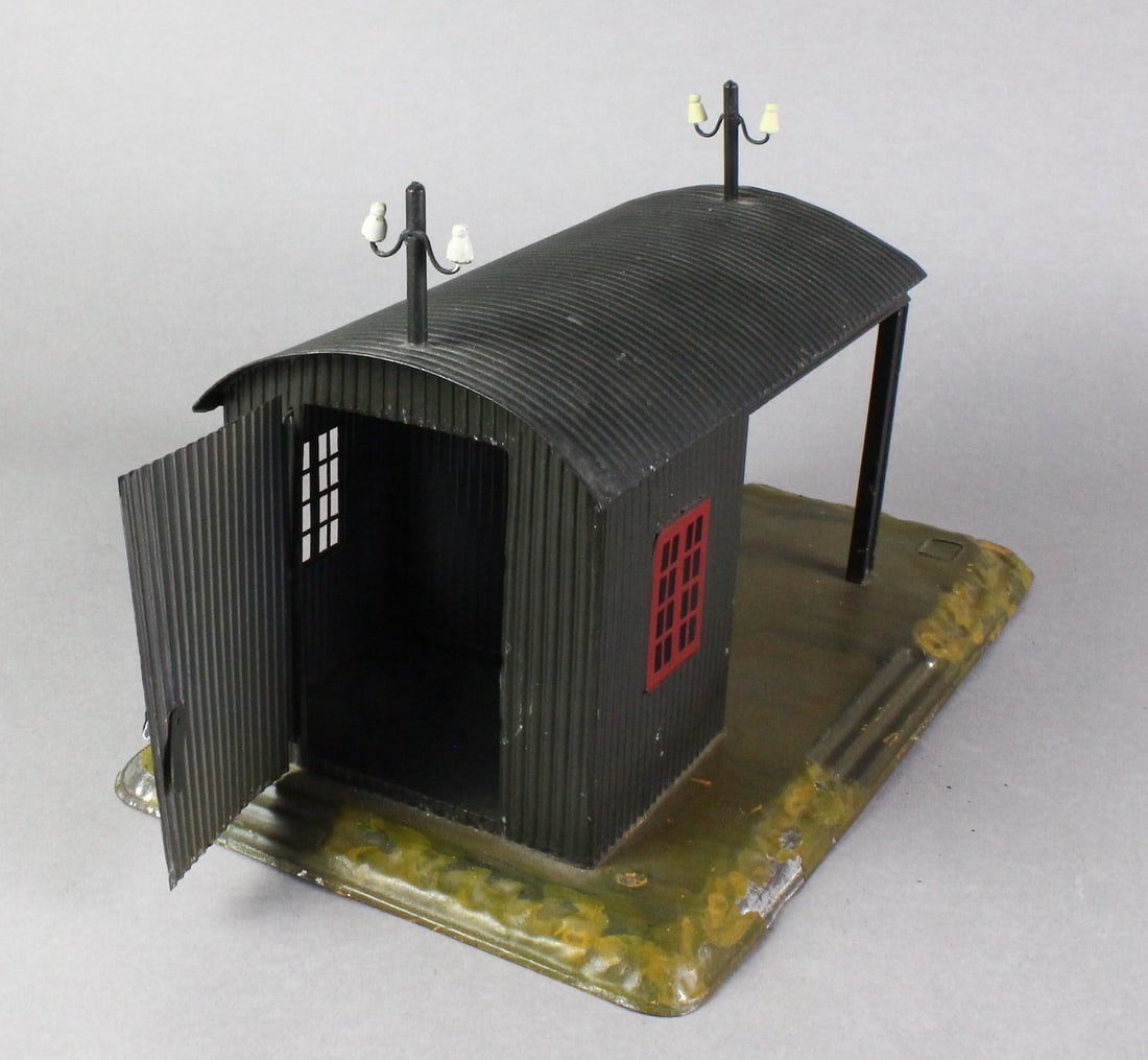 Bing German Tin Pre-War Train Shed w/Telegraph: Bing German Tin Pre-War Train Shed. 14 inches wide. Gauge 1 or O scale.