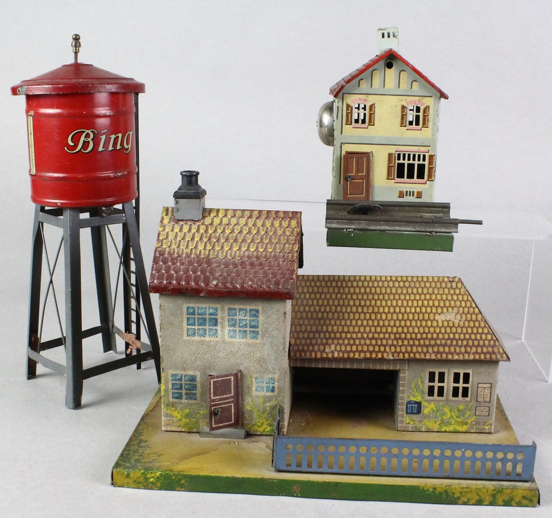 Bing German Tin Buildings and Water Tower: Bing German Tin Buildings and Water Tower. Tin litho in nice shape O scale buildings.