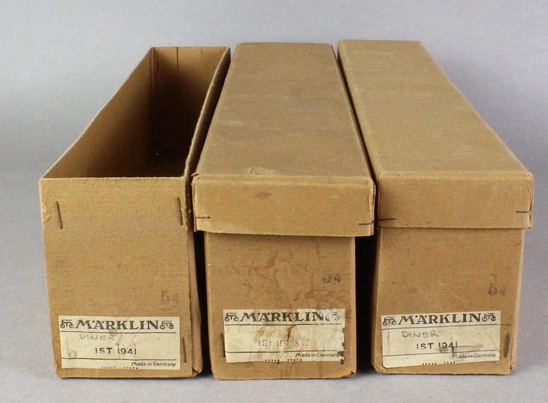 3 Marklin #1941 Train Coach Boxes Pre-War: 3 Marklin #1941 Train Coach Boxes, one missing top lid. Very crisp rare boxes. Pencil marked Diner. Maerklin, Passenger's Car 1941 O Gauge.