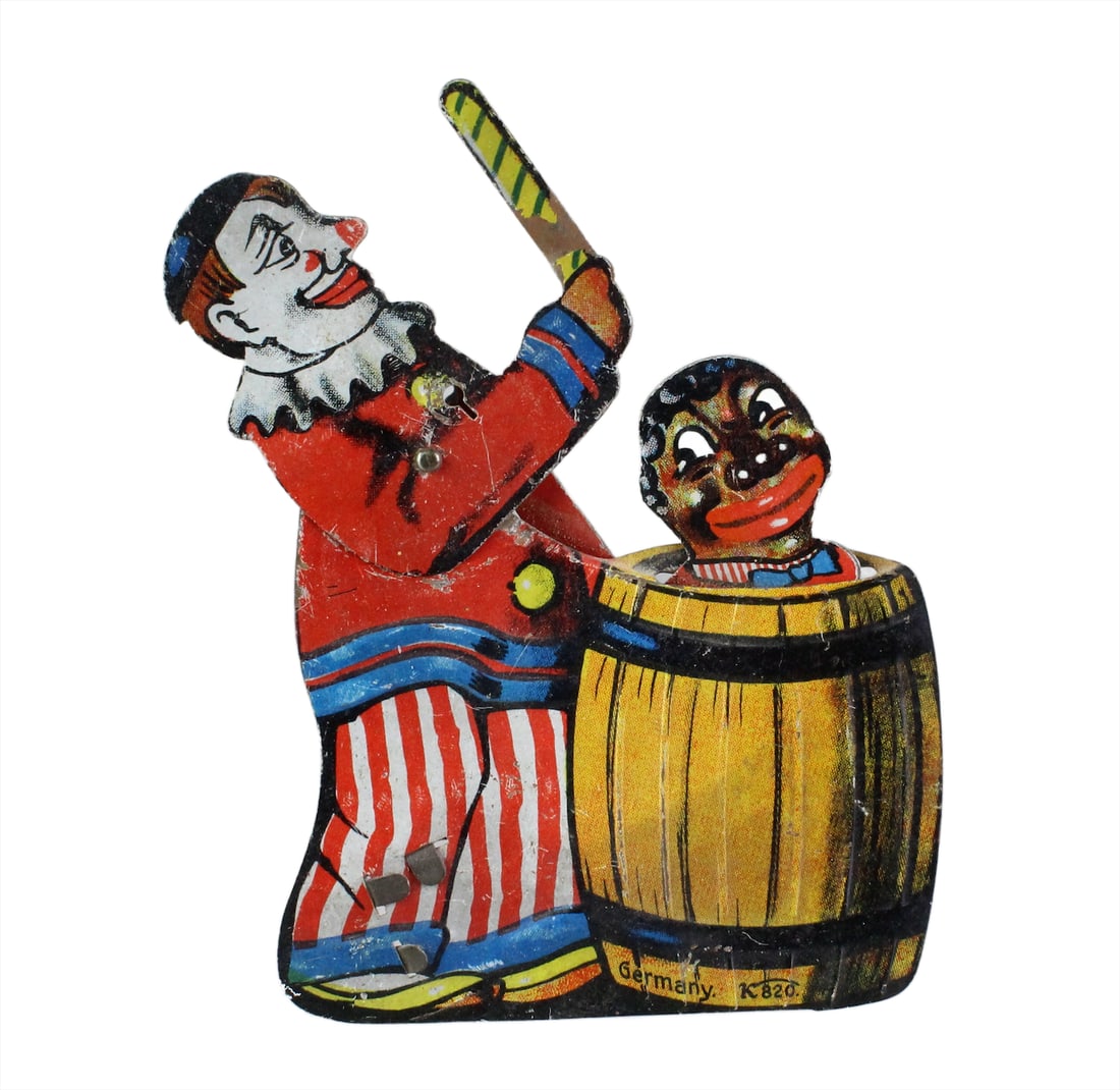 1930s German Tin Clicker Clown & Boy in Barrel: Scarce German Tin Clicker Clown & Black Man in Barrel. Keim & Co. Germany.