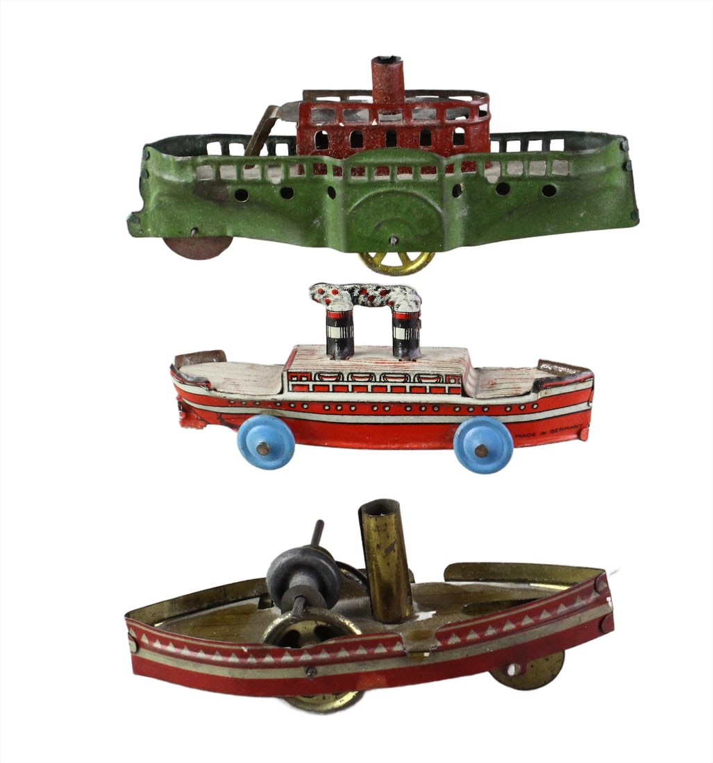 3 German Tin Penny Toy Ships & Boat: 3 German Tin Penny Toy Ships & Boat. Paddle Boat Style River boat, Scarce 2 Smoke stack Ocean Liner and Flywheel Boat tin toys.