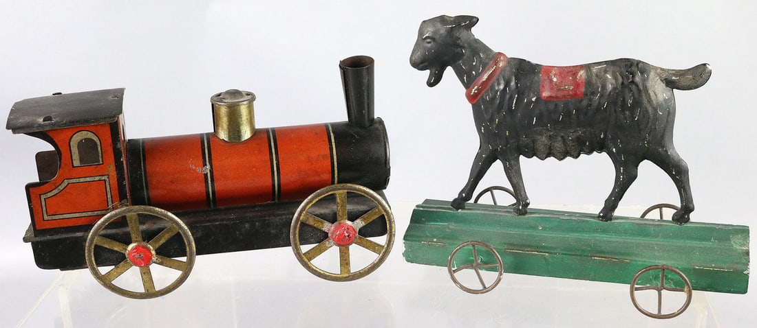 1890's American Tin Litho Toy Lot: 1890's American Tin Litho Toy Lot, wind up train, goat on wheels