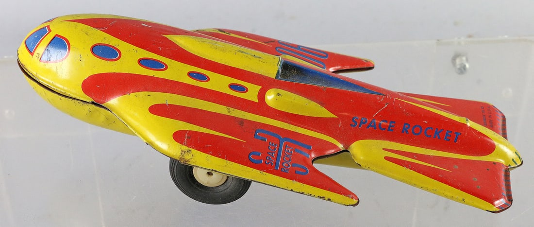 Automatic Toys Space Rocket Tin Litho 1950's: Automatic Toys Space Rocket Tin Litho 1950's, 9", works