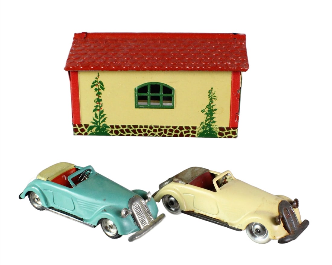 Lehmann Gnom Car & Garage Set Open Tourers: Lehmann German TIn Gnom Car & Garage Set Open Tourers